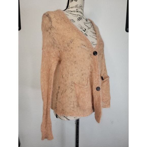 Obey Sweater Cardigan Womens Small Fuzzy Mohair Blend Tan Sheer Delicate - Picture 4 of 11